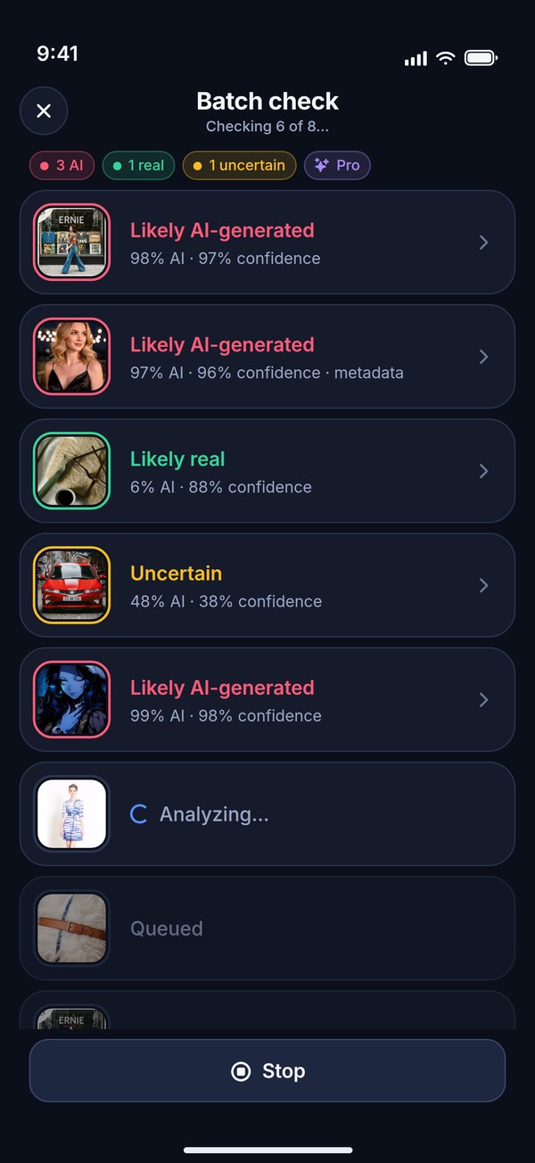 Batch check: eight images being checked one after another, each with its verdict and AI percentage — a Pro feature