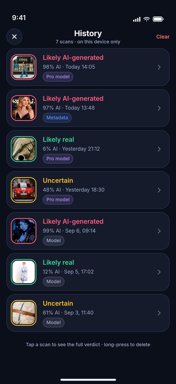 The History screen: a list of past scans with thumbnails, colour-coded verdicts, AI percentages and dates — 7 scans, on this device only